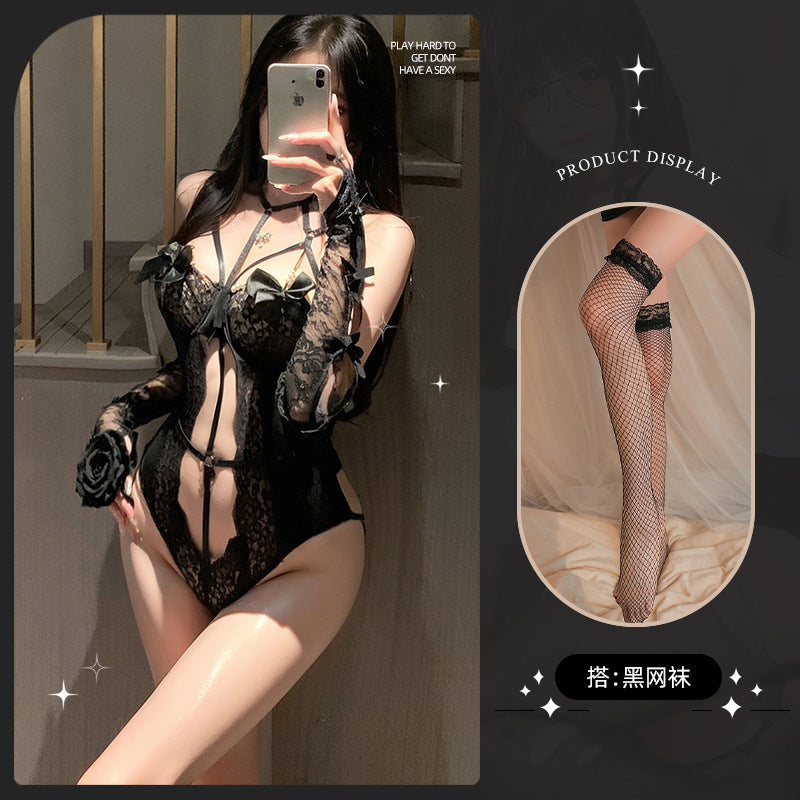 LS Sexy Lingerie for Women Pure Desire Sexy Royal Sister Temptation Lace Hollow Perspective No-Take-Off Push-Up Jumpsuit