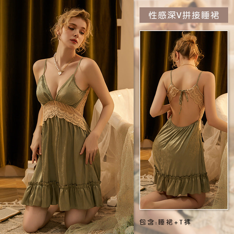 3067 Ying Sexy Pajamas Women's Summer Light Luxury Ice Silk Home Clothes with Chest Pad Sling Nightgown Pure Desire Set