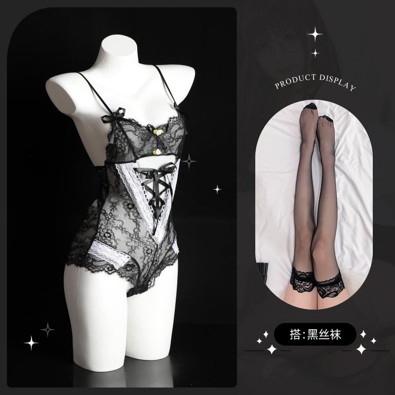 LS Sexy Lingerie Strap Sexy Maid Uniform Temptation No-Remove Small Chest Lace One-Piece Open Crotch 8040