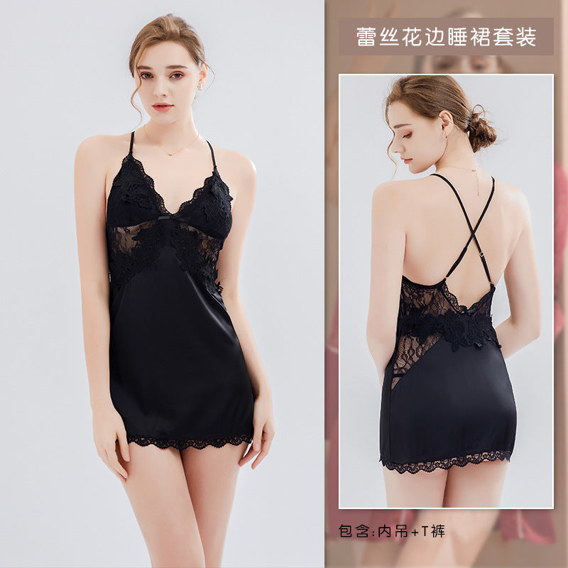 Sexy pajamas women with chest pad lace suspenders Ice Silk large size can be worn outside X nightgown set manufacturers wholesale generation
