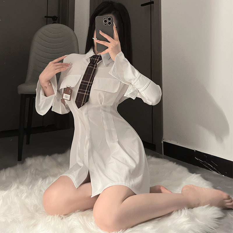 Sexy Lingerie Pure Long Sleeve Shirt dress Sexy Tight Waist Slimming Hip Covering Academic Uniform Temptation suit