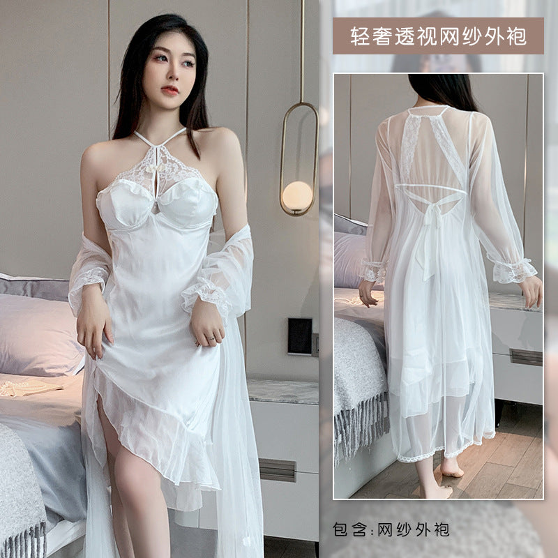 3065 Ying sexy perspective pajamas ladies pure lace nightgown luxury retro suspenders set a generation of hair