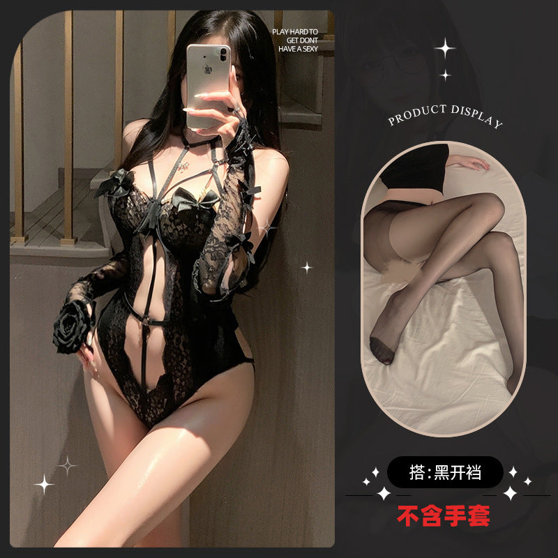 LS Sexy Lingerie for Women Pure Desire Sexy Royal Sister Temptation Lace Hollow Perspective No-Take-Off Push-Up Jumpsuit