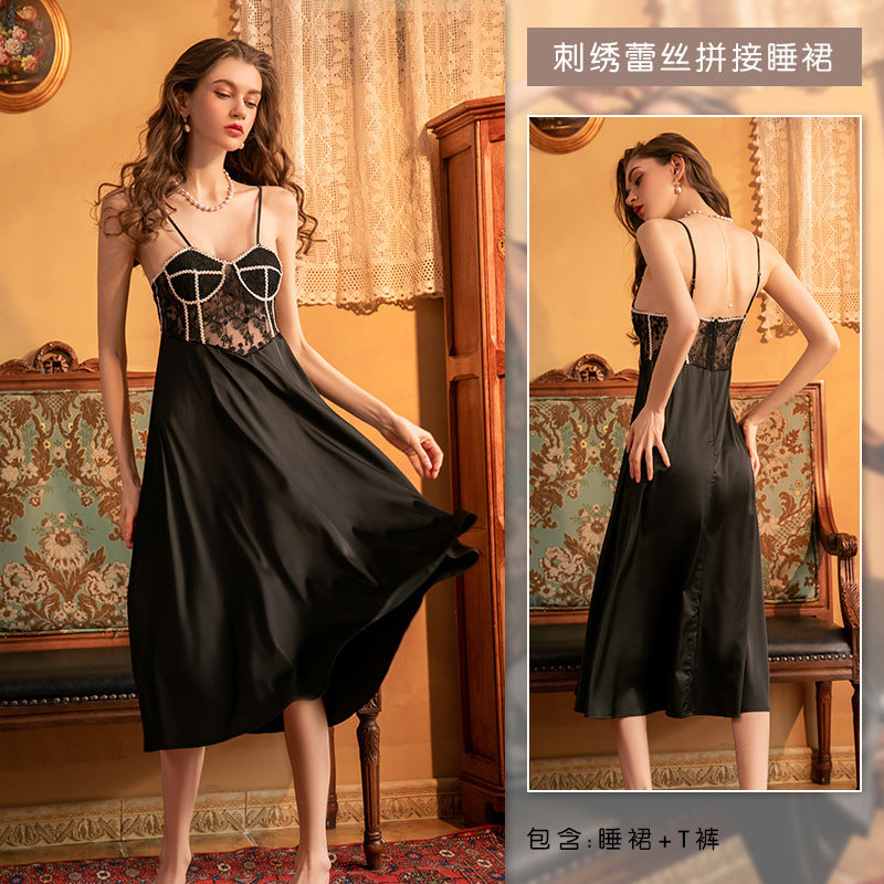 3034 Ying Autumn and Winter Sexy Push-up with Chest Pad Small Chest Pure Lace Sling Nightgown Women's Court Style Home