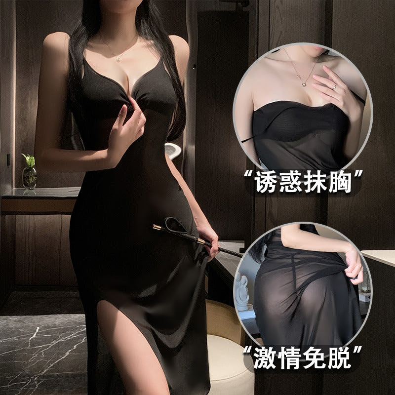LS Sexy Lingerie Mesh Suspender Skirt Perspective Temptation Split Long Skirt Thin Pajamas Women's 8010
