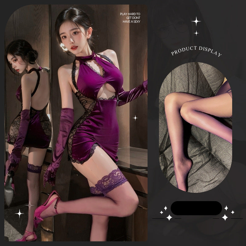 LS Sexy Charm Dancer Velvet Stitching Perspective Hollow Cheongsam Yujie Nightclub Backless Dress 8498