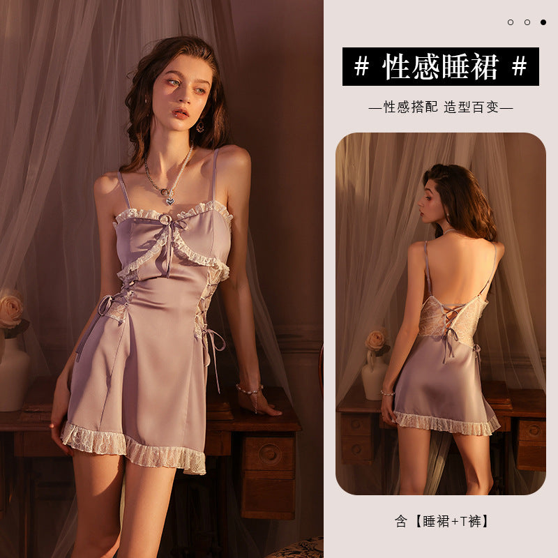 Ying Lace Temptation Slimming Sexy Nightgown with Breast Pads, Flower Vine Translucent Waist Lace Hollow Suspender Women's Nightgown