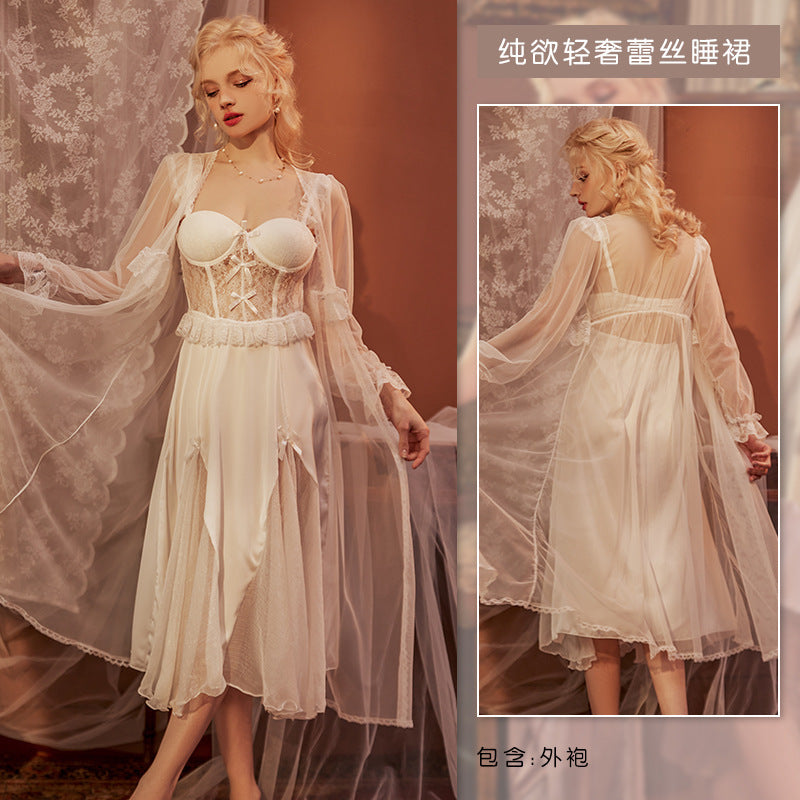 3060 Ying Sexy Home Clothes Entry Luxury French Style Long Nightgown with Chest Pad Push-up Steel Ring Pure Sling Nightgown