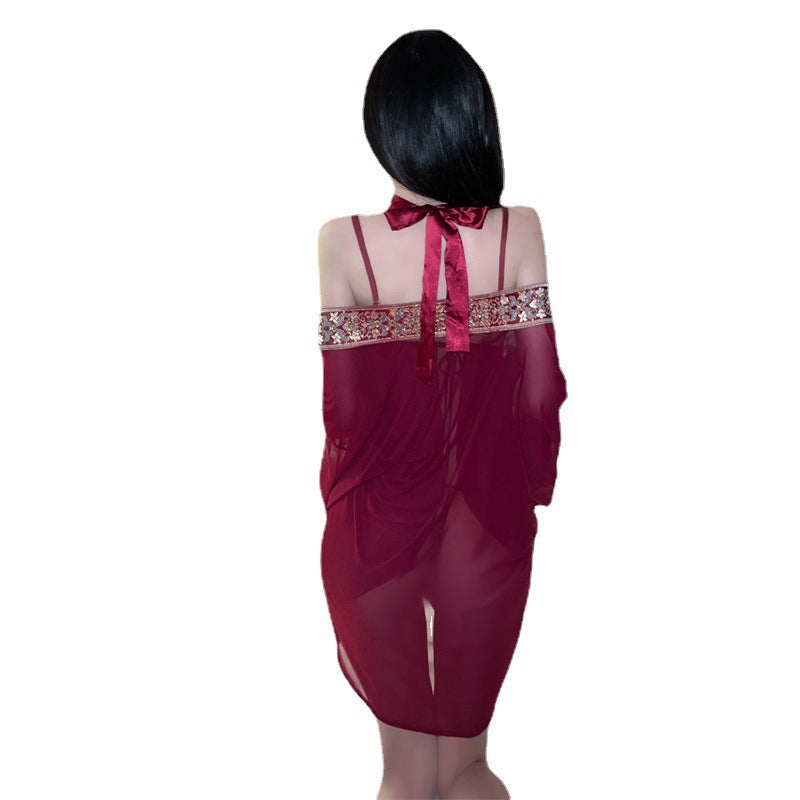 Sexy lingerie sexy three-piece uniform suit see-through soft yarn ancient style red tube top blouse pure desire Hanfu
