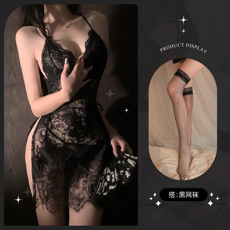 LS Sexy Mesh Pajamas Transparent Sexy Suspender Nightgown Lace Pure Desire Temptation Small Breast Sexy Pajamas