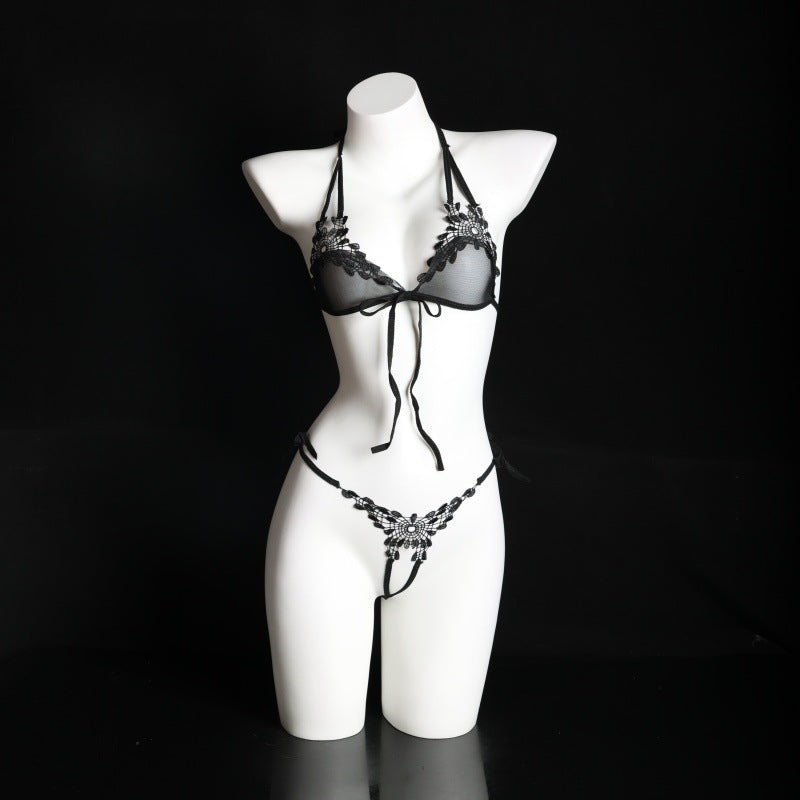 LS Sexy Underwear Feminine Three-Point Embroidered Flower Bikini Temptation Bra and Panty Set 9228