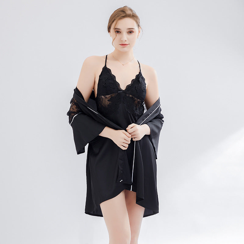 Sexy pajamas women with chest pad lace suspenders Ice Silk large size can be worn outside X nightgown set manufacturers wholesale generation