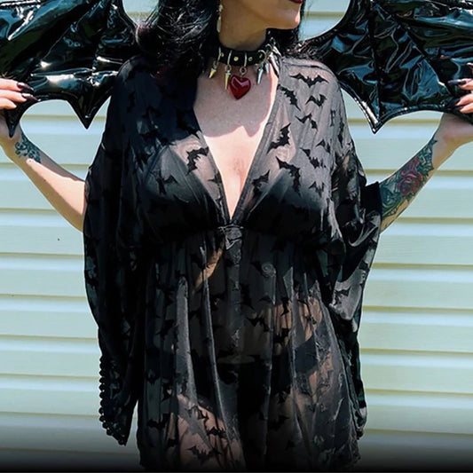 Foreign Trade Halloween Sex Sexy Perspective Beach Nightgown Women Hot Tease Deep V Temptation Bat Bathrobe