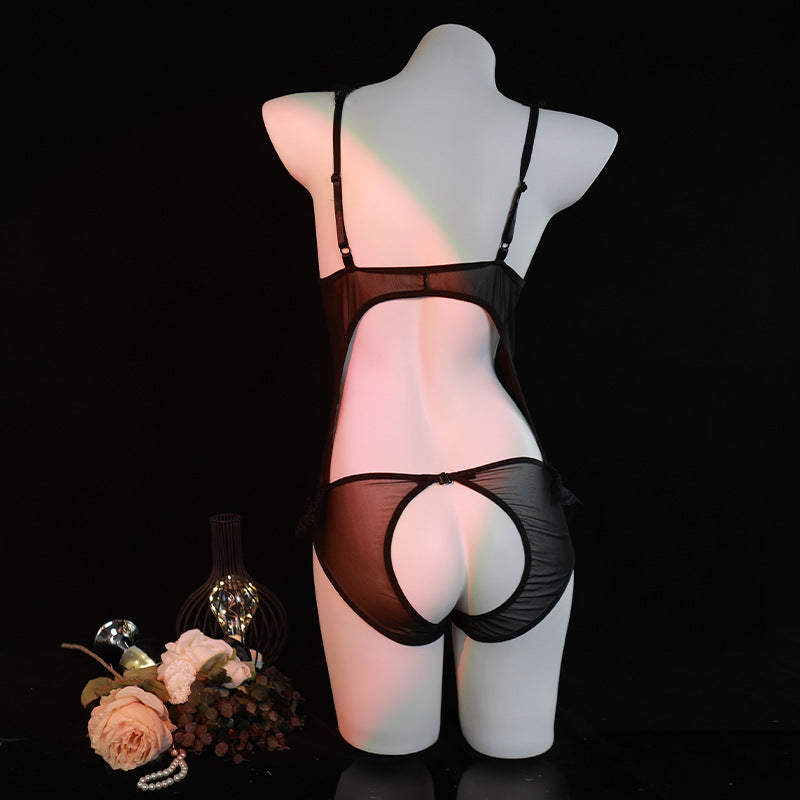 LS Plus Size Sexy Lingerie Lace Temptation No-Remove Sexy Flirting Pajamas Open Crotch Jumpsuit Uniform 81