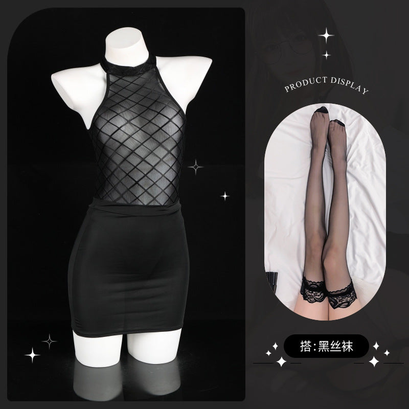LS Sexy Lingerie Sexy Pure Desire See-Through Mesh Jumpsuit Hip-Covering Short Skirt Secretary Suit 8073