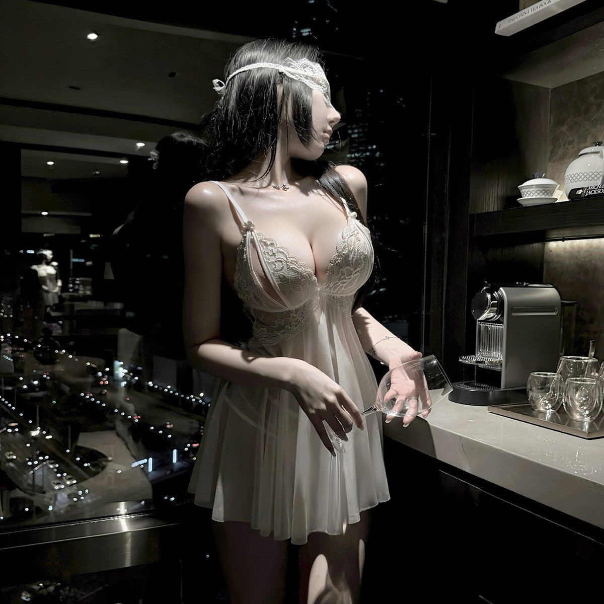 LS Sexy Lingerie Sexy Lace Temptation Nightgown Hot Transparent Open Pajamas No-Take-Off Pajamas 8327