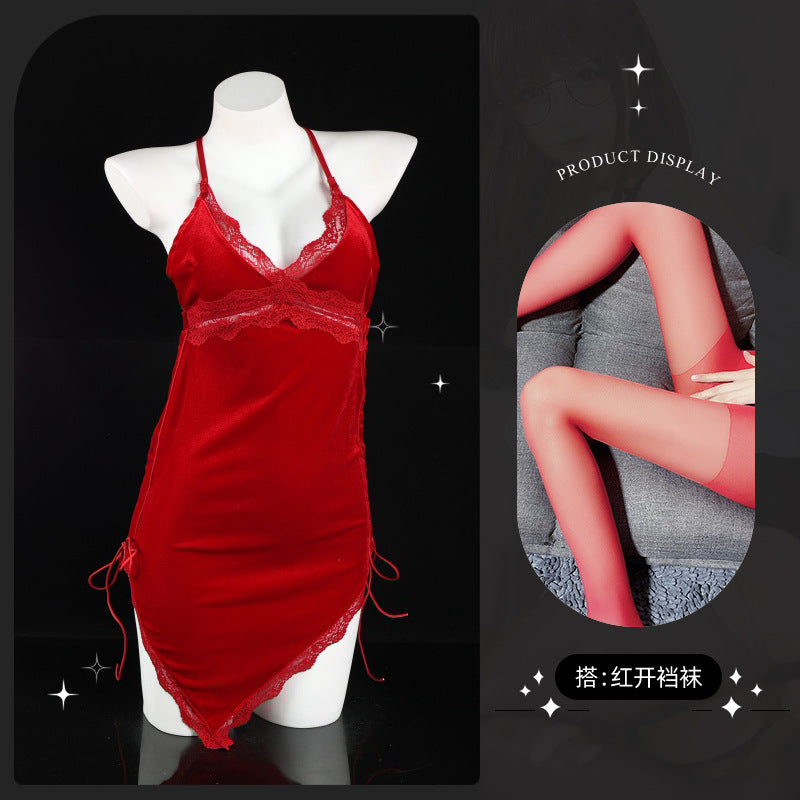 LS Retro French Sexy Lace Pajamas Women's Low Cut Pure Desire Velvet Backless Suspender Nightgown 8349