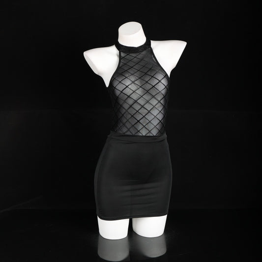 LS Sexy Lingerie Sexy Pure Desire See-Through Mesh Jumpsuit Hip-Covering Short Skirt Secretary Suit 8073