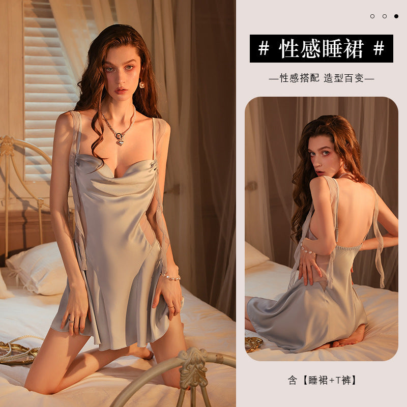 Ying Sexy Satin Sling Nightdress Skirt Collar Hollow Pure Backless Pajamas Ribbon Deep V Home Dress Nightdress for Women