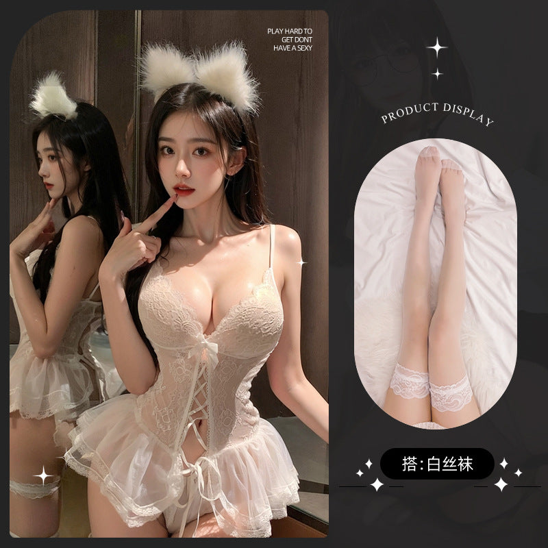 LS Sexy Underwear Women's Gather Mesh Nightdress Sexy Lace Sling Perspective Open Crotch suit 9155