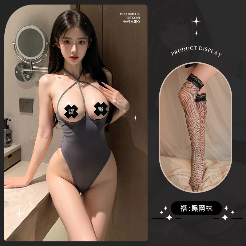 LS Sexy Lingerie Sexy Jumpsuit Women's Open File Temptation Hot Breast-Revealing Pajamas Free of Taking Off Uniform 8821