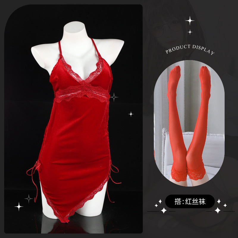 LS Retro French Sexy Lace Pajamas Women's Low Cut Pure Desire Velvet Backless Suspender Nightgown 8349