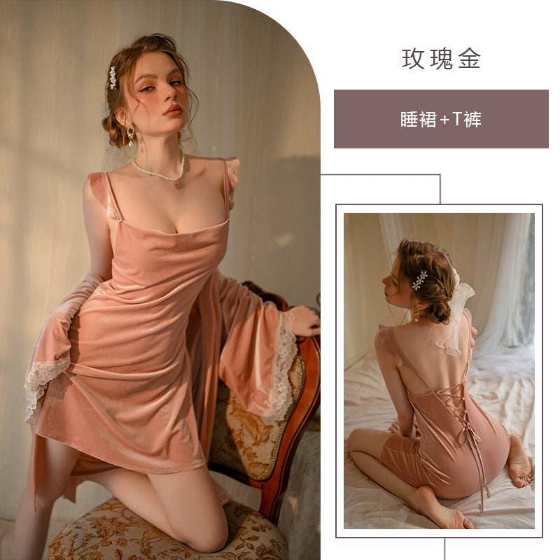 Ying sexy pajamas suit women's Velvet Pure desire wooden ear strap nightdress lace stitching deep V home wear