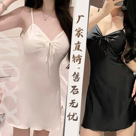 Sexy Pajamas Women's Pure Backless Ice Silk Sling Chest Pad Nightdress Fairy Style Fashion Home Clothes Can Wear plus size