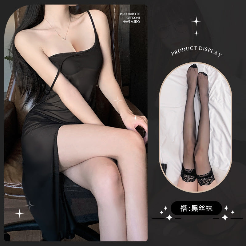 LS Sexy Lingerie Mesh Suspender Skirt Perspective Temptation Split Long Skirt Thin Pajamas Women's 8010