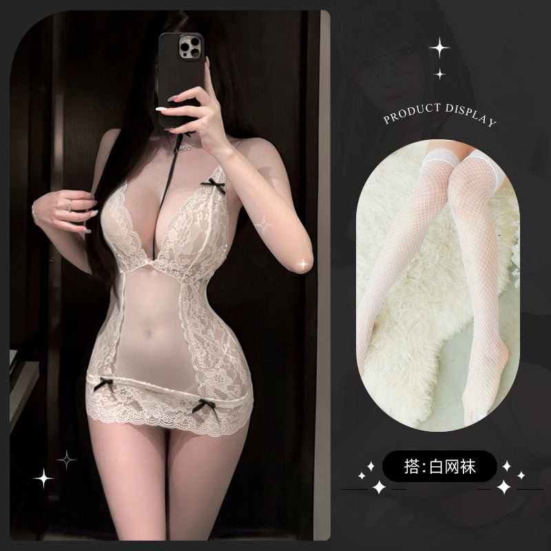LS Sexy Lingerie Temptation Lace Sheer Hip-Hugging Nightdress Sexy Pure Desire Mesh Strap Nightdress