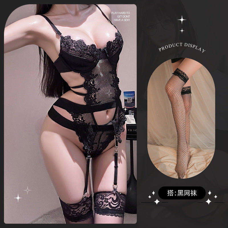 LS High-End Suspender Sexy Intimates Sexy Steel Ring Push-Up Bra Hollow Split Three-Point Intimates