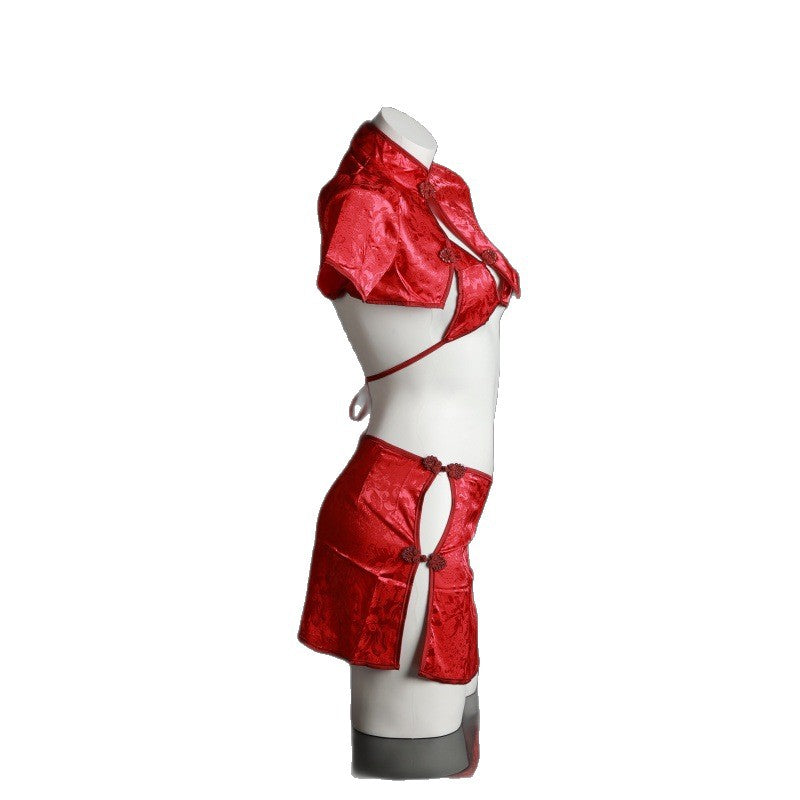 LS Sexy Lingerie Retro Jacquard Button Slit Cheongsam Style High-Slit Sexy Vintage Uniform 8202