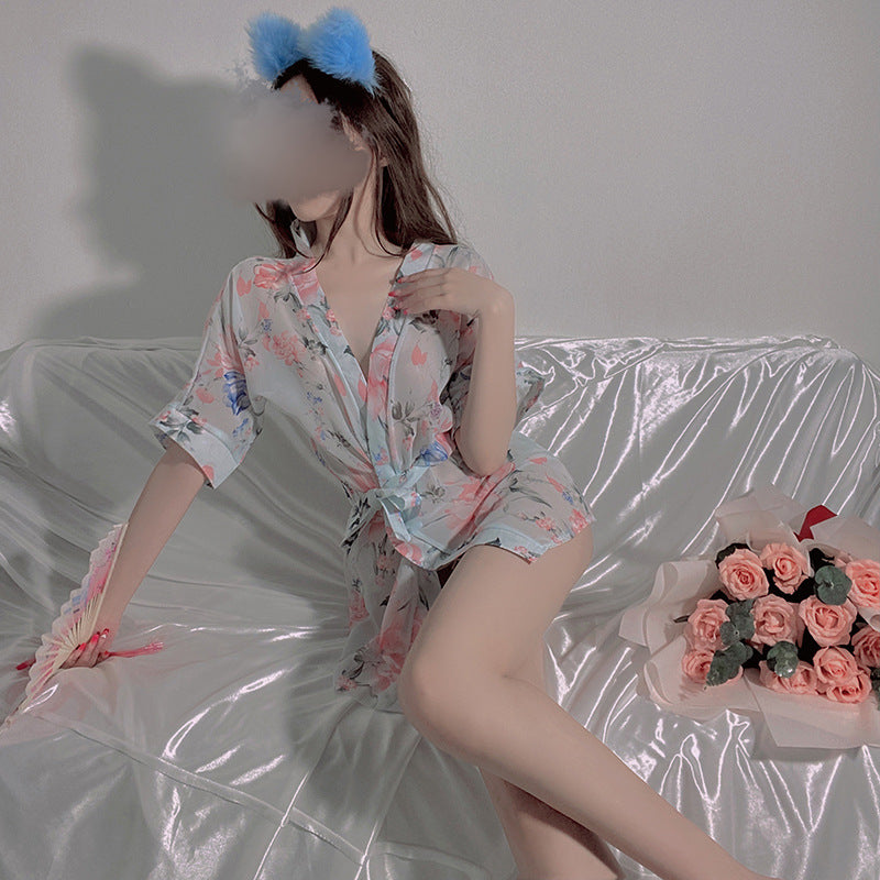 LS Sexy Lingerie Sexy Uniform Temptation Pajamas Pure Desire Japanese Style Cardigan Chiffon Bathrobe Pajamas 8007