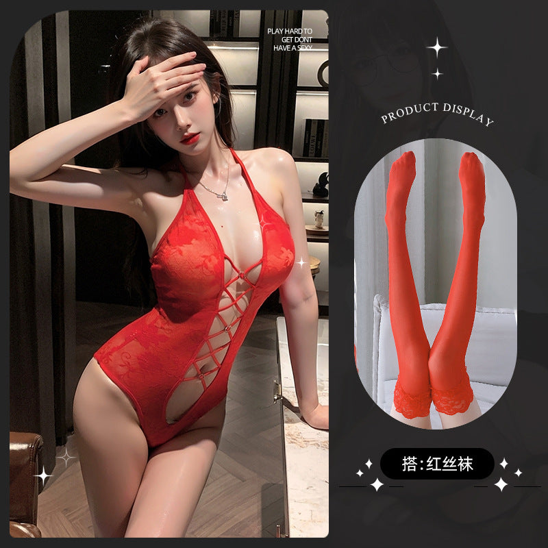 LS Sexy Lingerie Sexy Purple Lace Jumpsuit Small Breast Female Uniform Pure Desire Qqny Strap Suit