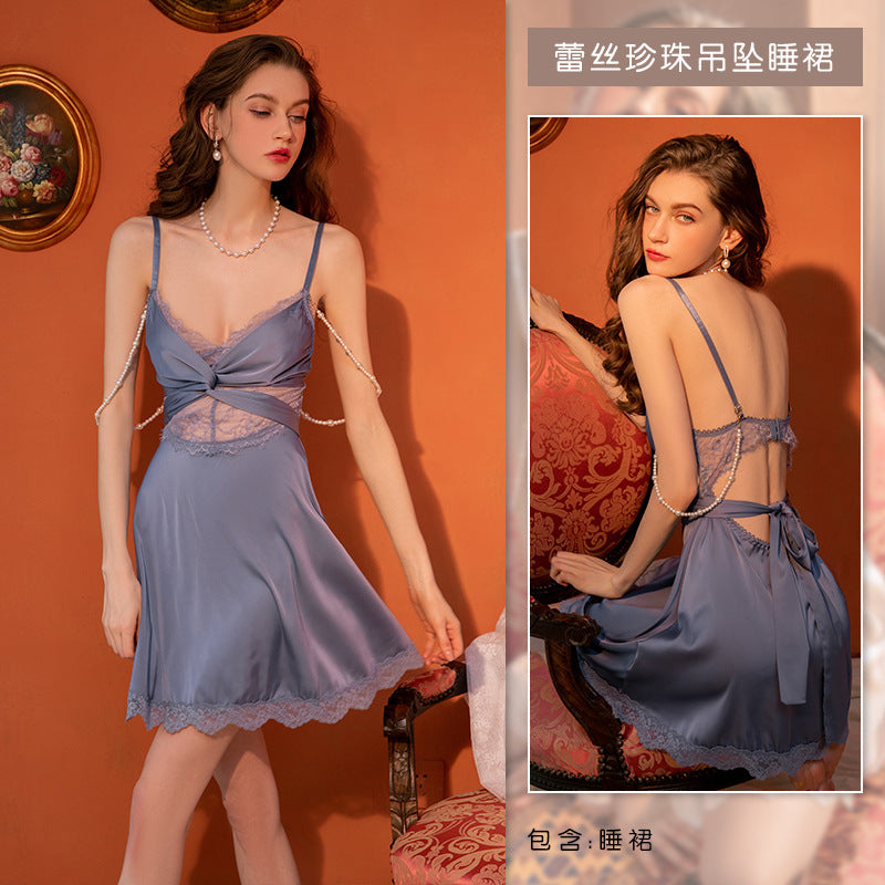 Ying women's home wear sexy pure desire plus size pajamas women's pearl lace satin couple suit factory direct sales