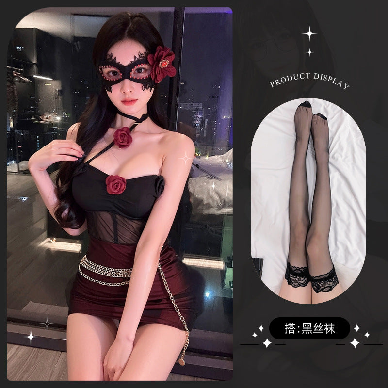 LS Internet Celebrity Hot Girl Sexy Floral Strapless Dress with Mesh Slimming Dress Set 9373