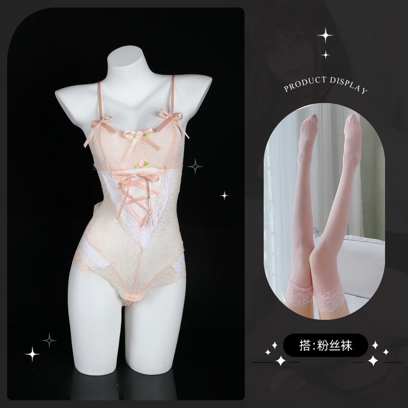 LS Sexy Lingerie Strap Sexy Maid Uniform Temptation No-Remove Small Chest Lace One-Piece Open Crotch 8040