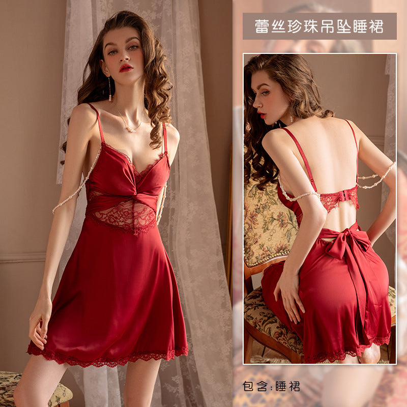 Ying women's home wear sexy pure desire plus size pajamas women's pearl lace satin couple suit factory direct sales
