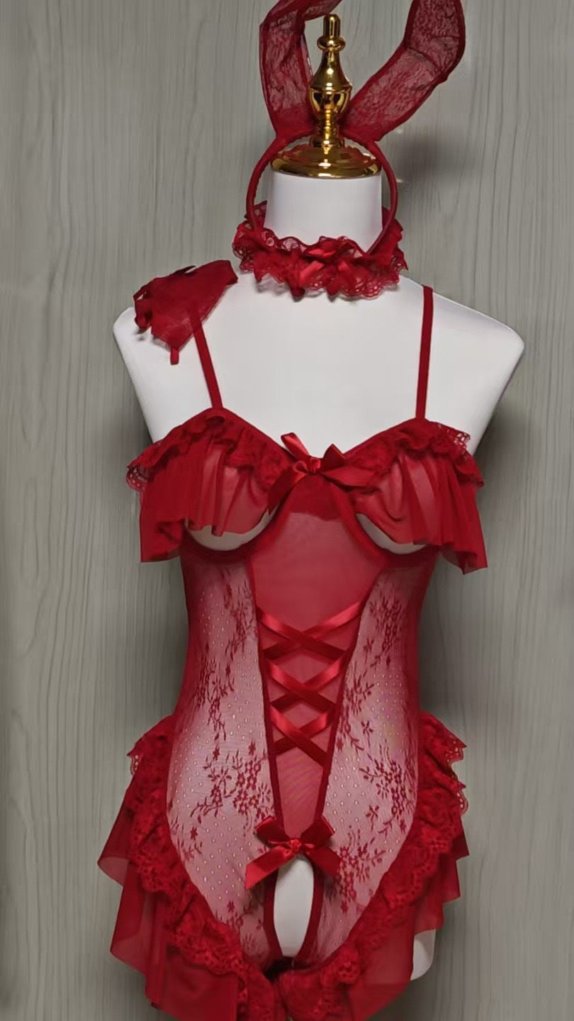 2025 New Sexy Lingerie Sexy Tight Free Pure Bunny Uniform suit Lotus Lace one-piece Women
