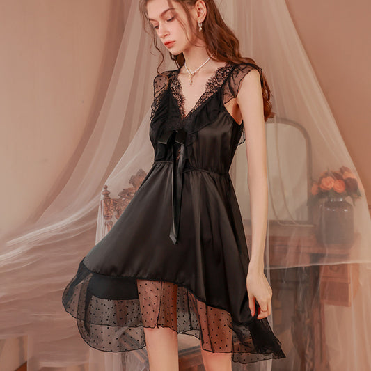3074 Ying Sexy Pajamas Women's Summer Ice Silk Home Clothes Pure Desire Style Lace Temptation Sling Nightgown Set