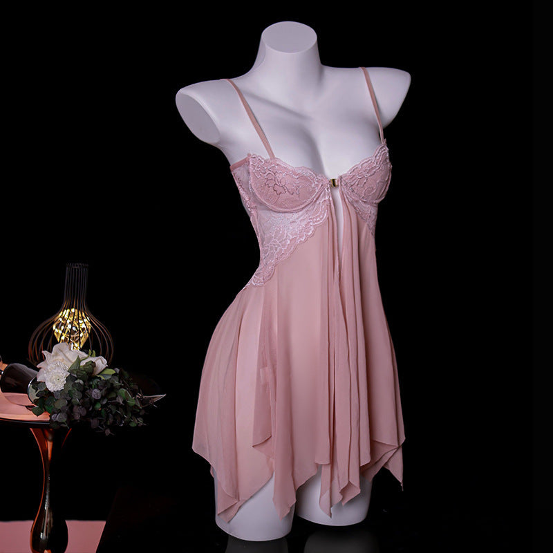 LS Sexy Lingerie Sexy Lace Temptation Nightgown Hot Transparent Open Nightgown No-Take-Off Nightgown 8021