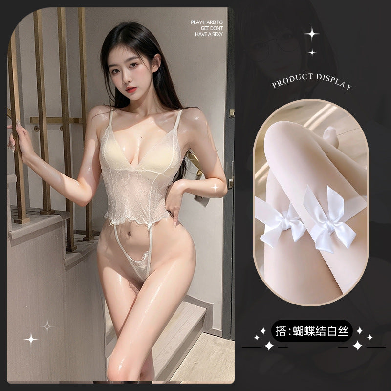LS Sexy Lingerie Sexy Uniform Temptation Pajamas Pure Desire Small Breasts Show Big Lace Jumpsuit 8149