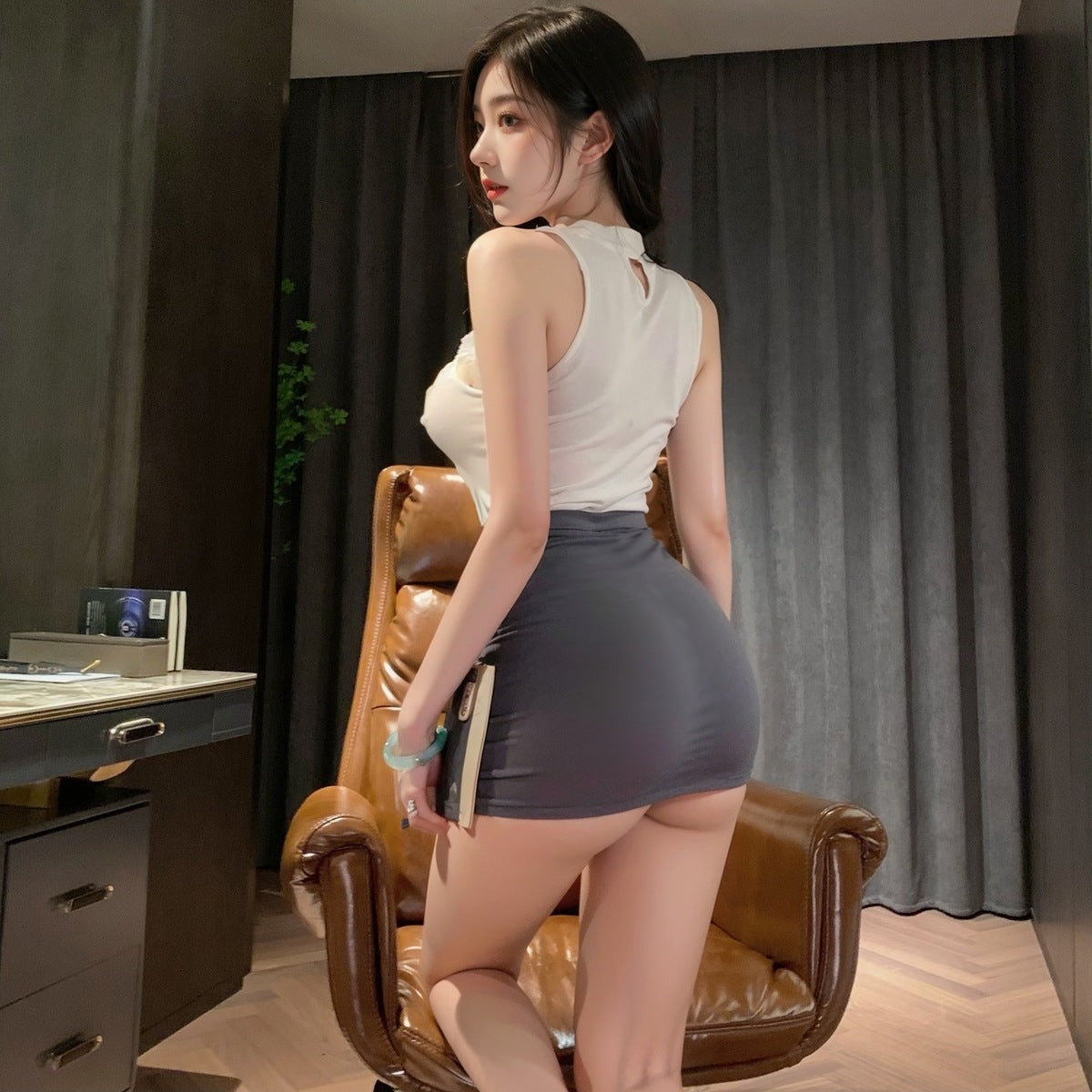 LS Sexy Underwear Sexy Lace Pattern Perspective High Waist Stitching Hip Professional Secretary Uniform 8496