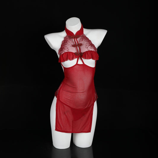 LS Sexy Lingerie Sexy Small Breasts Revealing Big Retro Cheongsam Uniform Perspective Temptation Breast Exposing Passion Suit