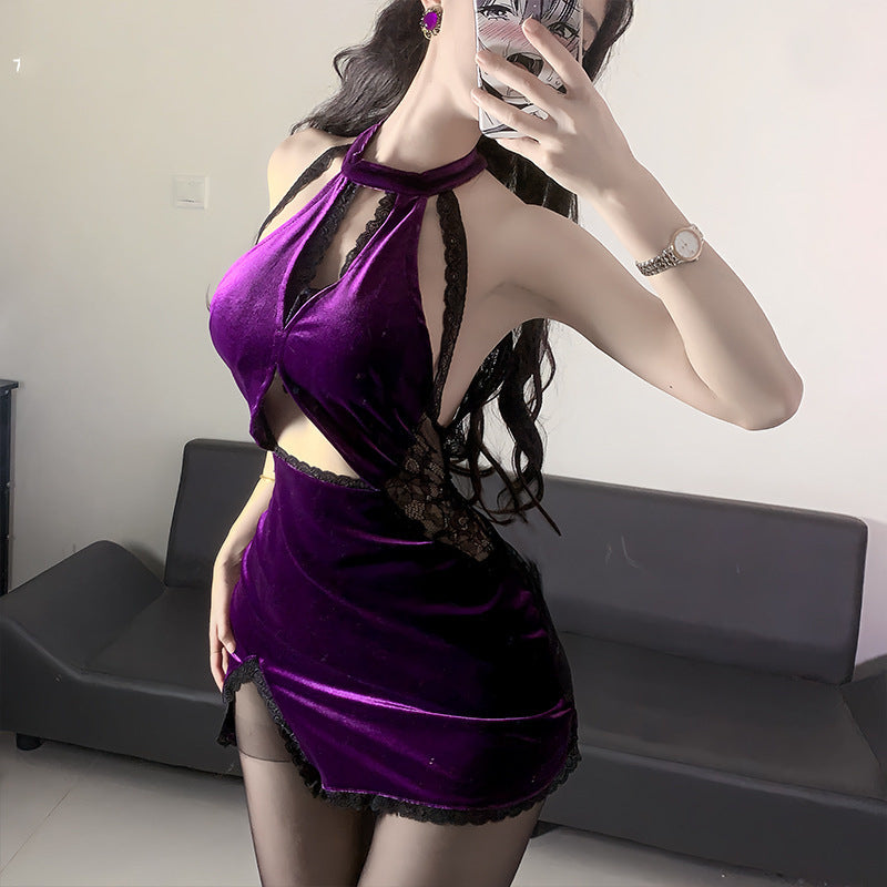 Ying Sex Underwear Pure Desire Sexy Free Take-off Perspective Neck Hanging Cheongsam suit Small Chest Nightclub Uniform Temptation qqny