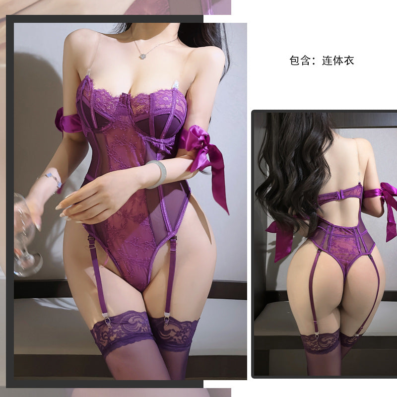 Xin Ying Sexy Lingerie Purple Lace Temptation Jumpsuit Women's Pure Uniform Temptation suit Pajamas Dress