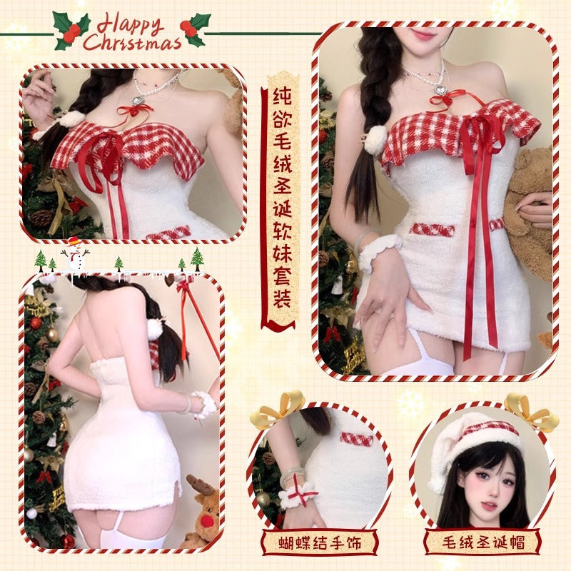 Sexy Hanging Neck off-Shoulder Tube-Shoulder Velvet Hip Dress Christmas Dress COS Halloween Sex Lingerie Christmas War Dress
