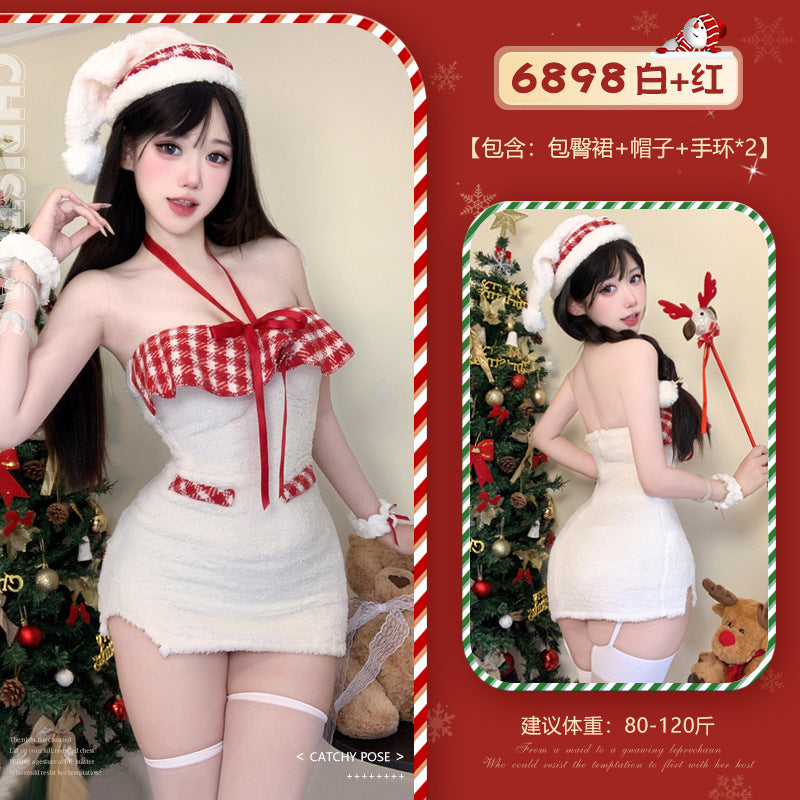 Sexy Hanging Neck off-Shoulder Tube-Shoulder Velvet Hip Dress Christmas Dress COS Halloween Sex Lingerie Christmas War Dress