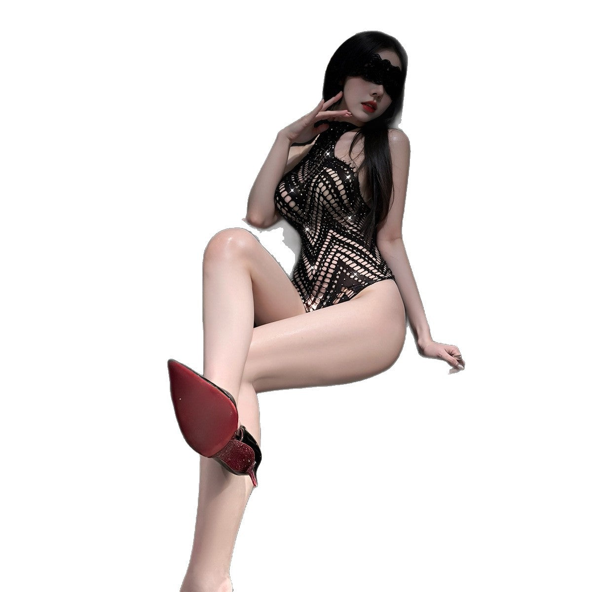 LS Sexy Lingerie See-Through Fishnet Stockings Sexy One-Piece Mesh Romper Internet Celebrity No-Take-Off Sexy Uniform Nightclub