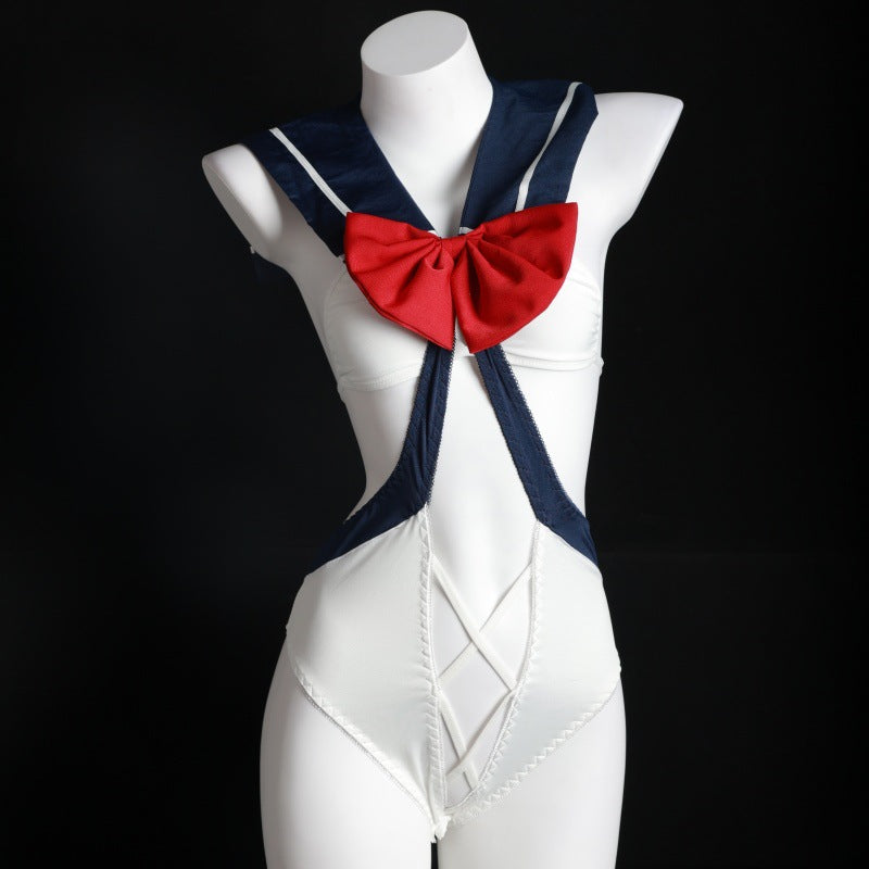 LS Sexy Lingerie Student Wear Open One-Piece Jumpsuit Bow Sexy Student Uniform 8135